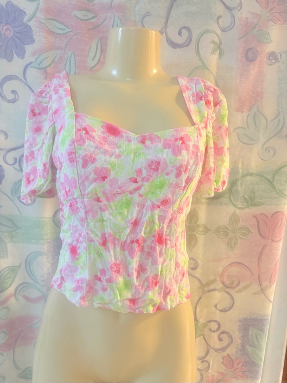 Primark Pink & Green Floral Puff-Sleeve Square Neck Top